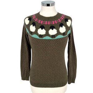 Talbots Sheep Yoke Raglan Crewneck Pullover Green Pink Size Small Petite